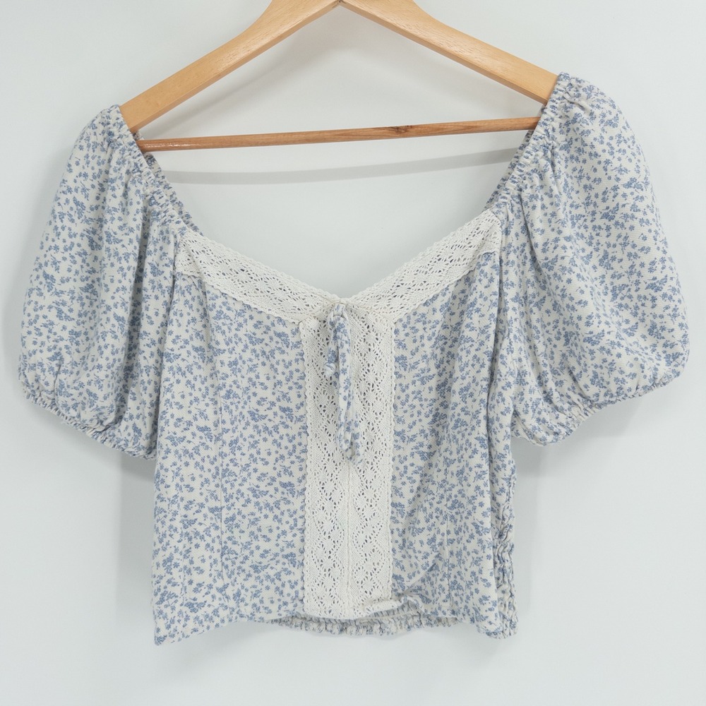 Prairie Peasant Blouse Womens XL Blue Milkmaid Boho Ditsy Floral Cottagecore